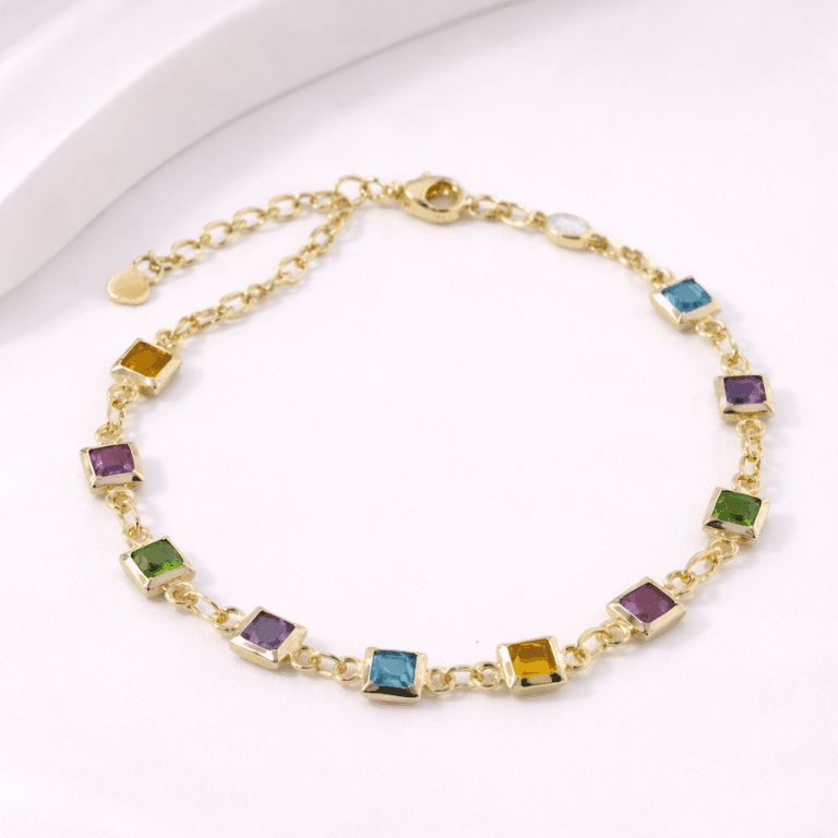 Pulseira com Pedras Quadradas Coloridas Banhada a Ouro 18K — default