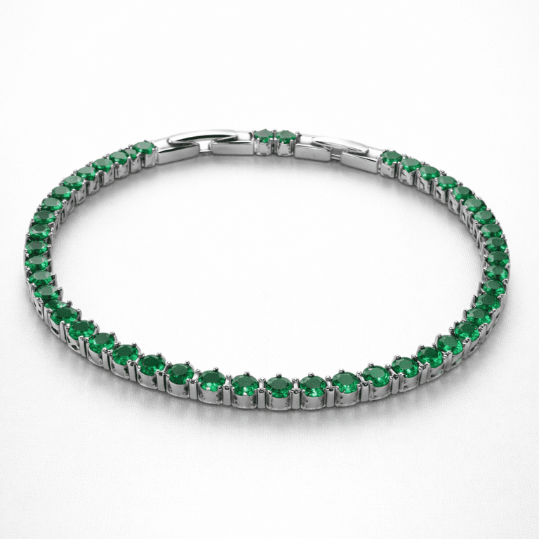 Pulseira Riviera Três Pontas com Zircônia Verde Esmeralda Banhada a Ouro Branco