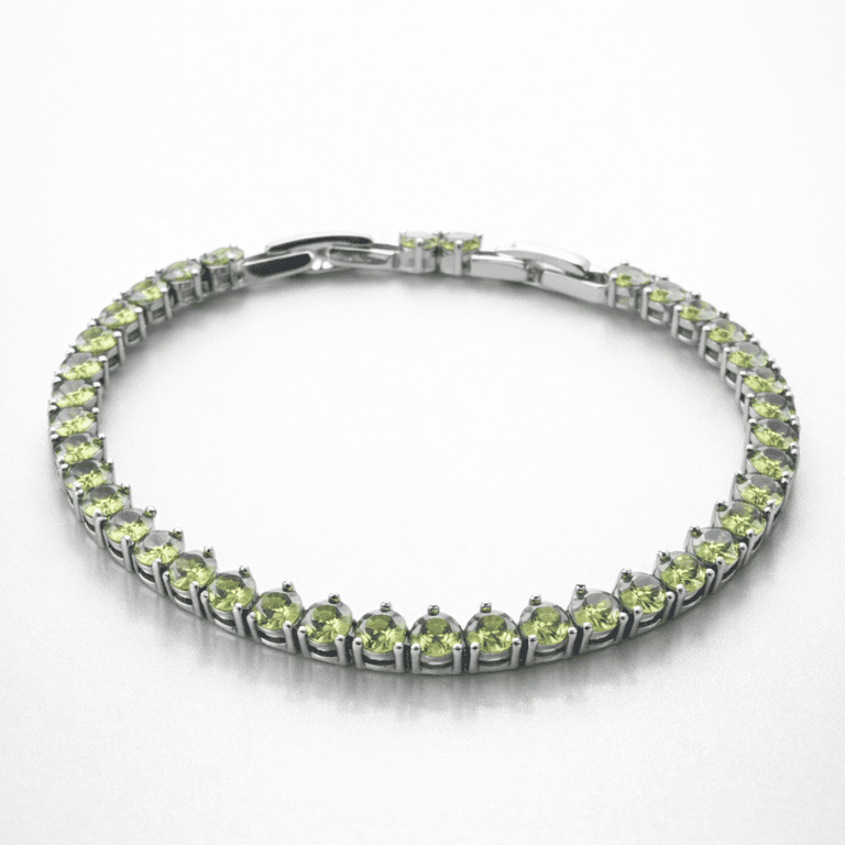 Pulseira Riviera Três Pontas com Pedra Peridoto Banhada a Ouro Branco