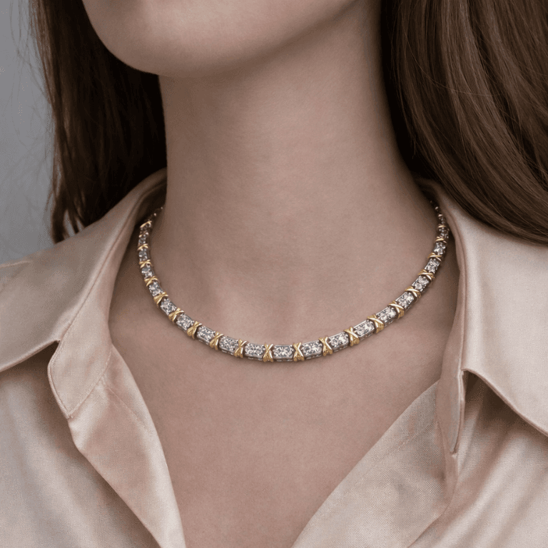 Colar Riviera com Detalhes em X e Zircônias Banhada a Ouro Branco e Ouro 18K