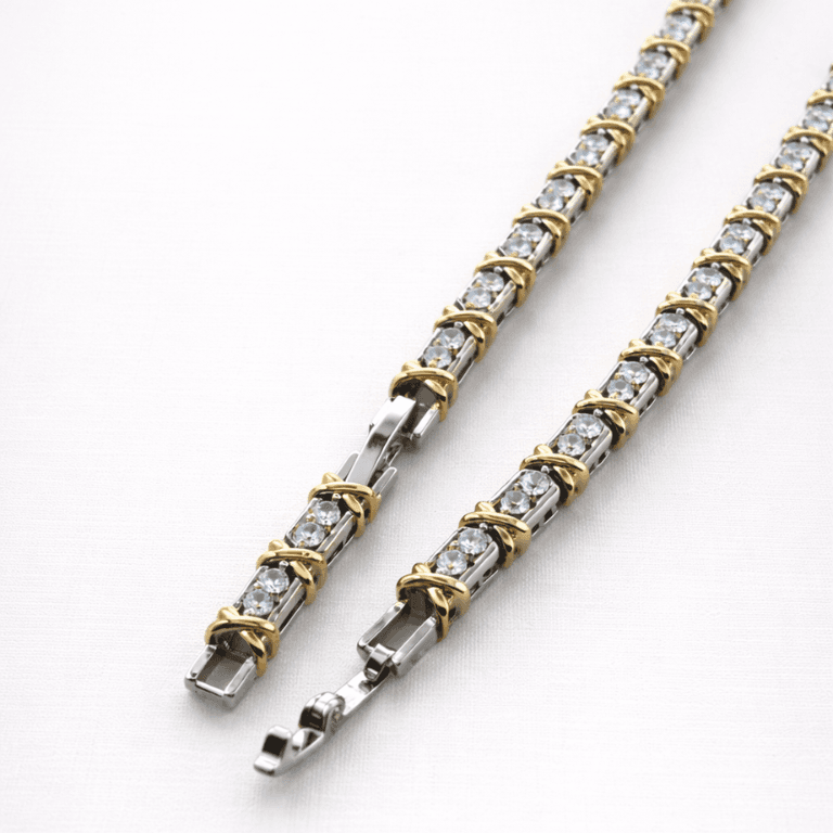 Colar Riviera com Detalhes em X e Zircônias Banhada a Ouro Branco e Ouro 18K
