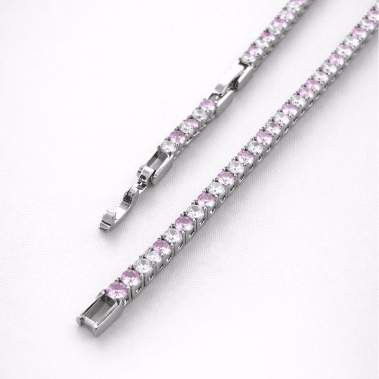 Colar Riviera Quarto Garras Zircônias Rosa e Brancas Banhado a Ouro Branco