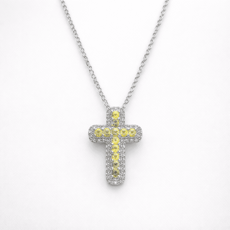 Colar Cruz Cravejada Yellow Banhado a Ouro Branco