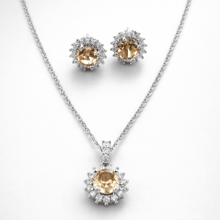 Conjunto Cravejado com Zircônias e Pedra Central Champagne Banhado a Ouro Branco — default