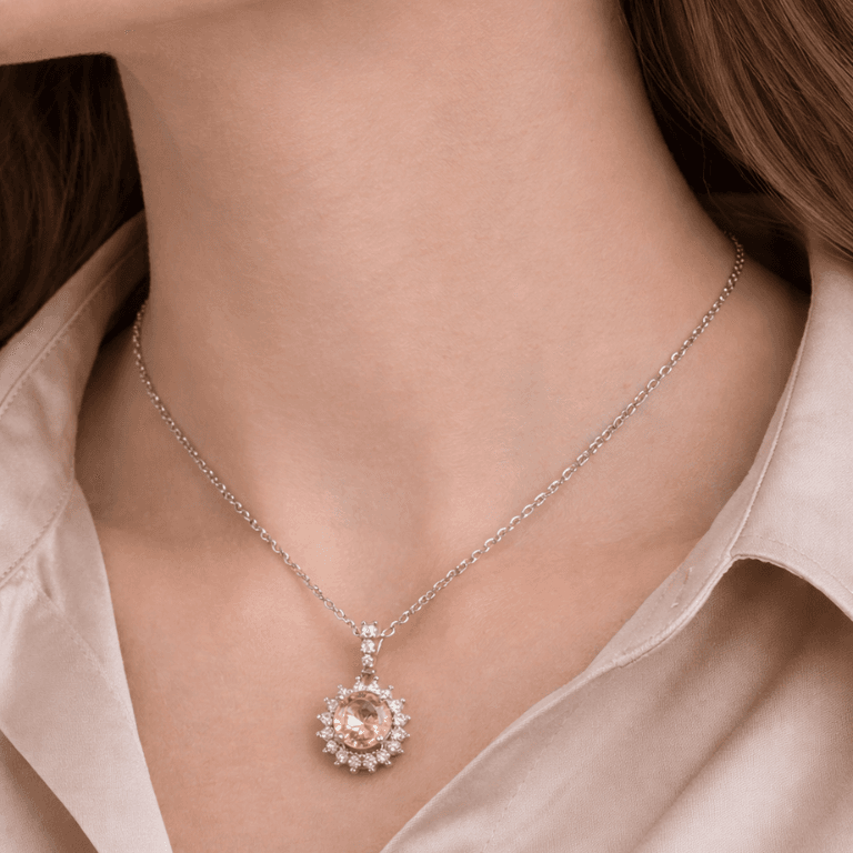 Conjunto Cravejado com Zircônias e Pedra Central Champagne Banhado a Ouro Branco