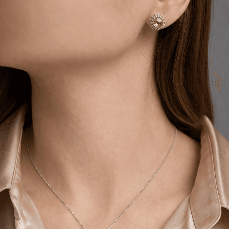 Conjunto Cravejado com Zircônias e Pedra Central Champagne Banhado a Ouro Branco
