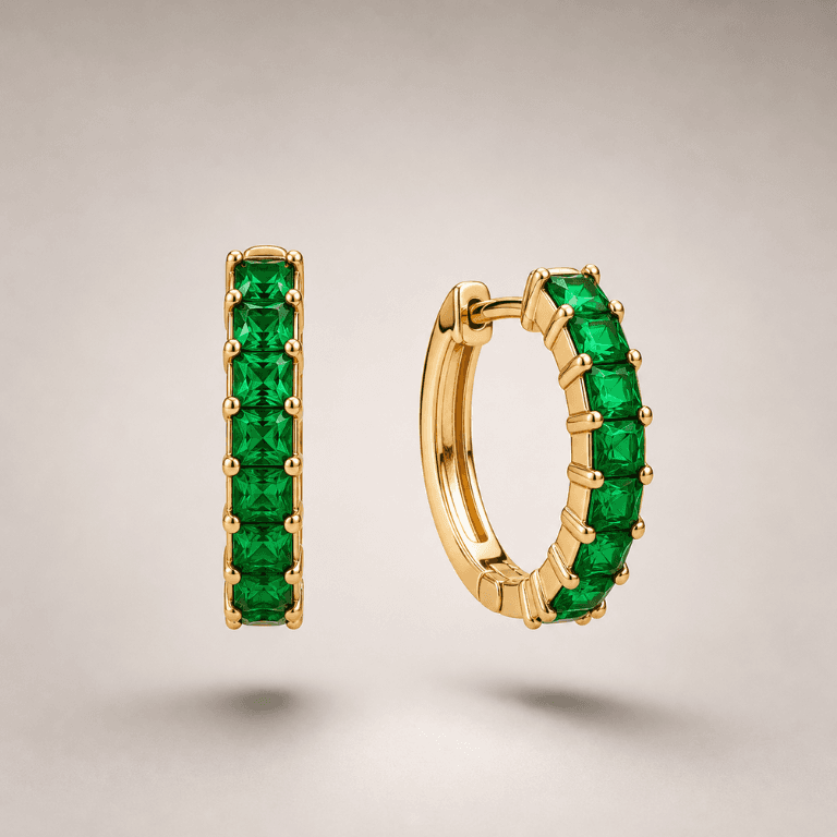 Brinco Argola com Pedras Verde Esmeralda Banhado a Ouro 18K