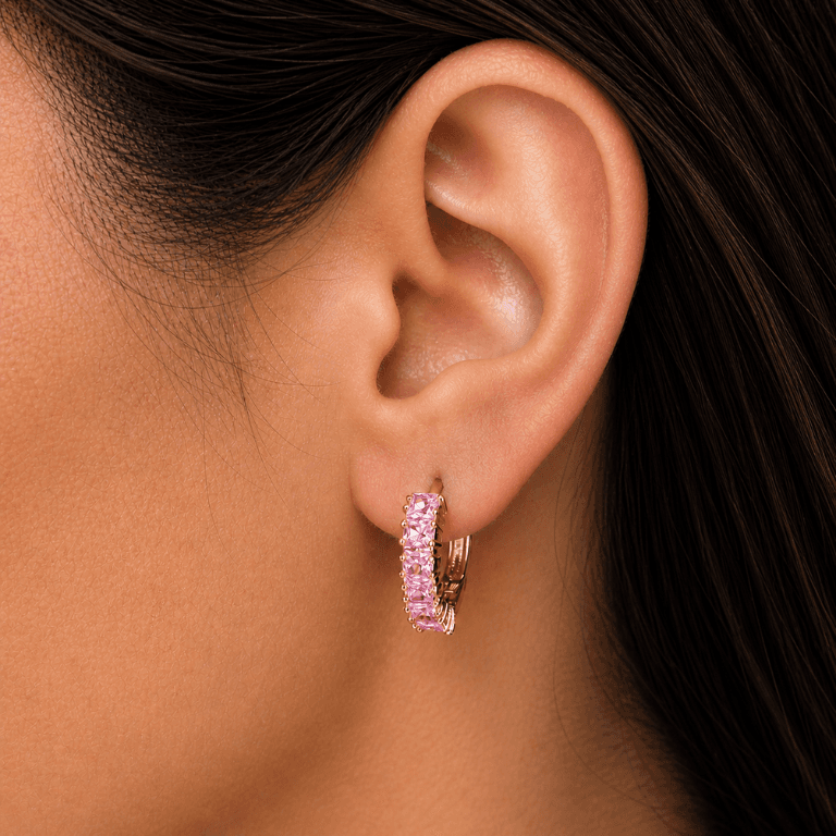 Brinco Argola com Pedras Rosa Banhado a Ouro 18K