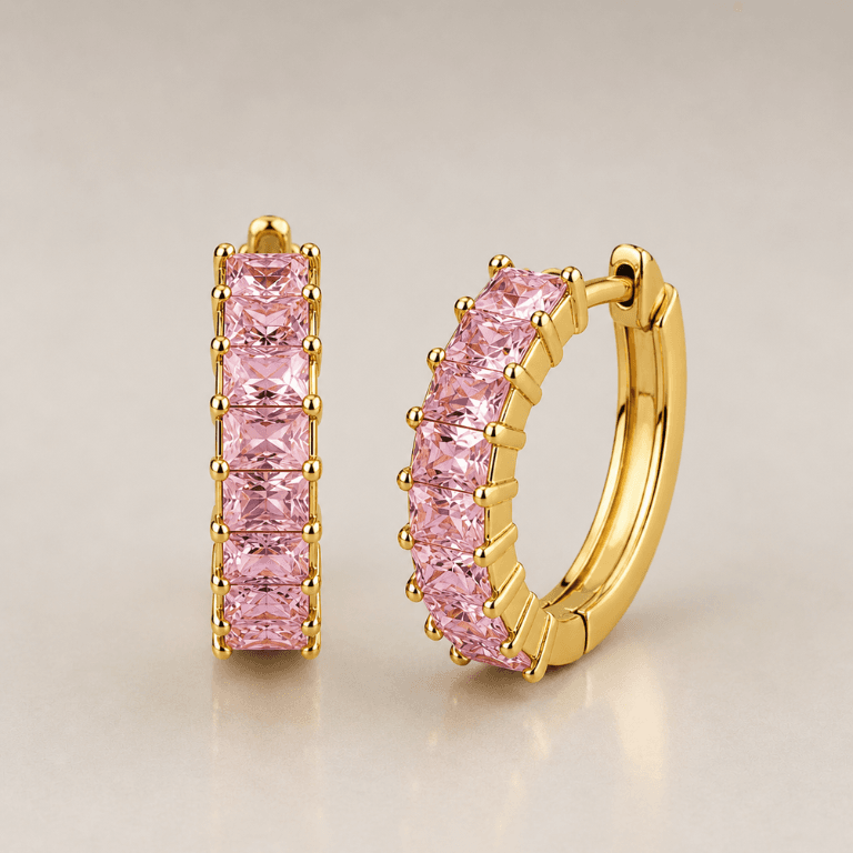 Brinco Argola com Pedras Rosa Banhado a Ouro 18K