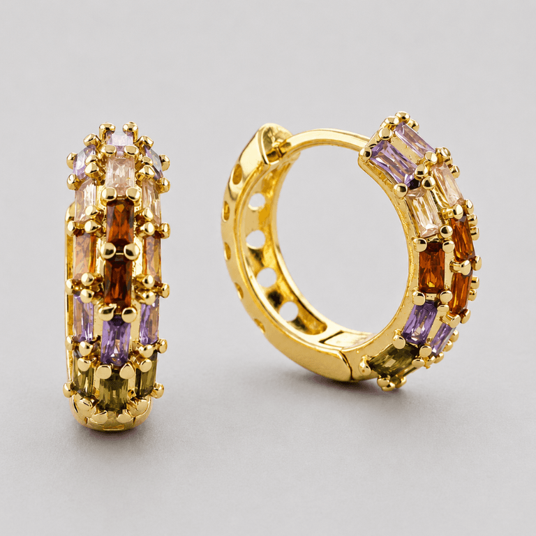 Brinco Arola Com Pedraria Colorida Banhdo a Ouro 18K