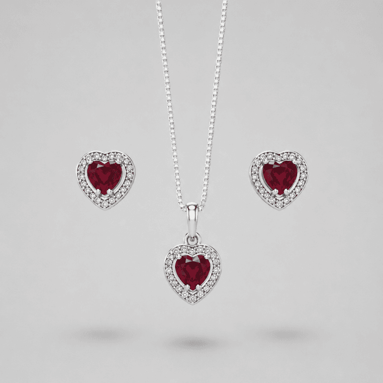 Conjunto Coração Cravejado em Rubi e Zircônias em Prata 925 Banhado a Ouro Branco — default