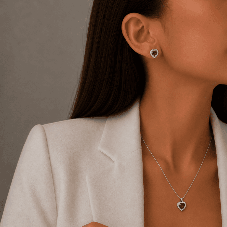 Conjunto Coração Cravejado em Rubi e Zircônias em Prata 925 Banhado a Ouro Branco