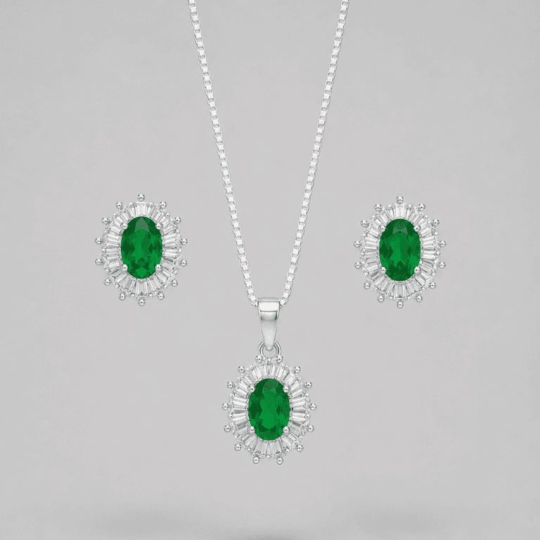 Conjunto Oval Cravejado em Cristal e Zircônias Prata 925 Banhado a Ouro Branco