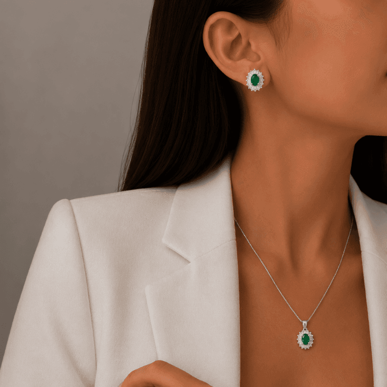 Conjunto Oval Cravejado em Cristal e Zircônias Prata 925 Banhado a Ouro Branco