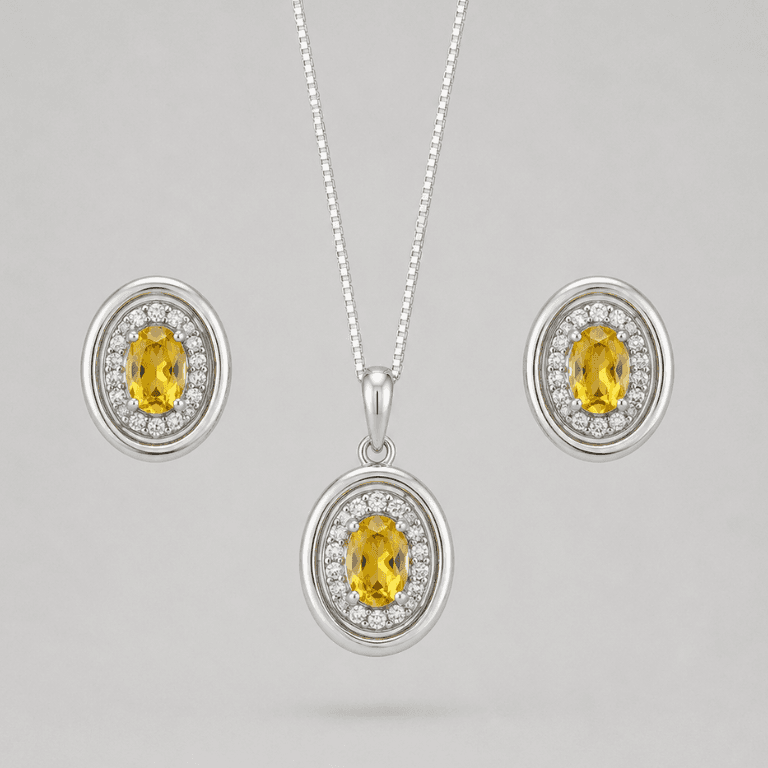 Conjunto Oval Cravejado em Citrino e Zircônias Prata 925 Banhado a Ouro Branco — default