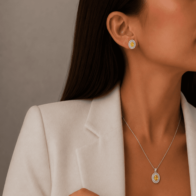 Conjunto Oval Cravejado em Citrino e Zircônias Prata 925 Banhado a Ouro Branco