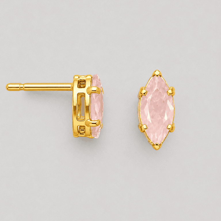 Brinco Navete Quartzo Rosa Banhado a Ouro 18K