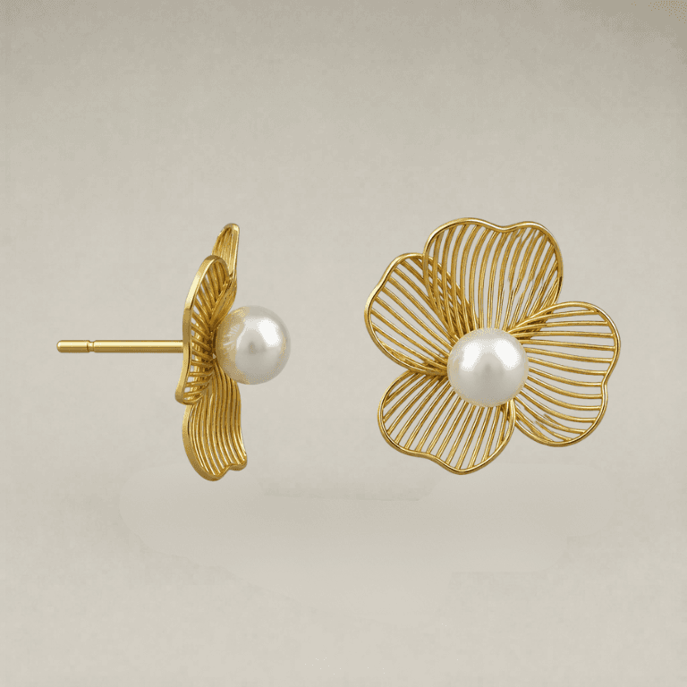 Brinco Flor Arabesco com Pérola Banhado a Ouro 18K