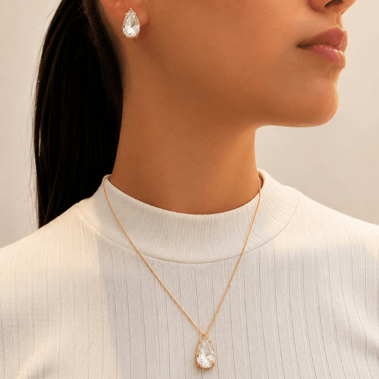 Conjunto Gota Zircônia Banhado a Ouro 18K