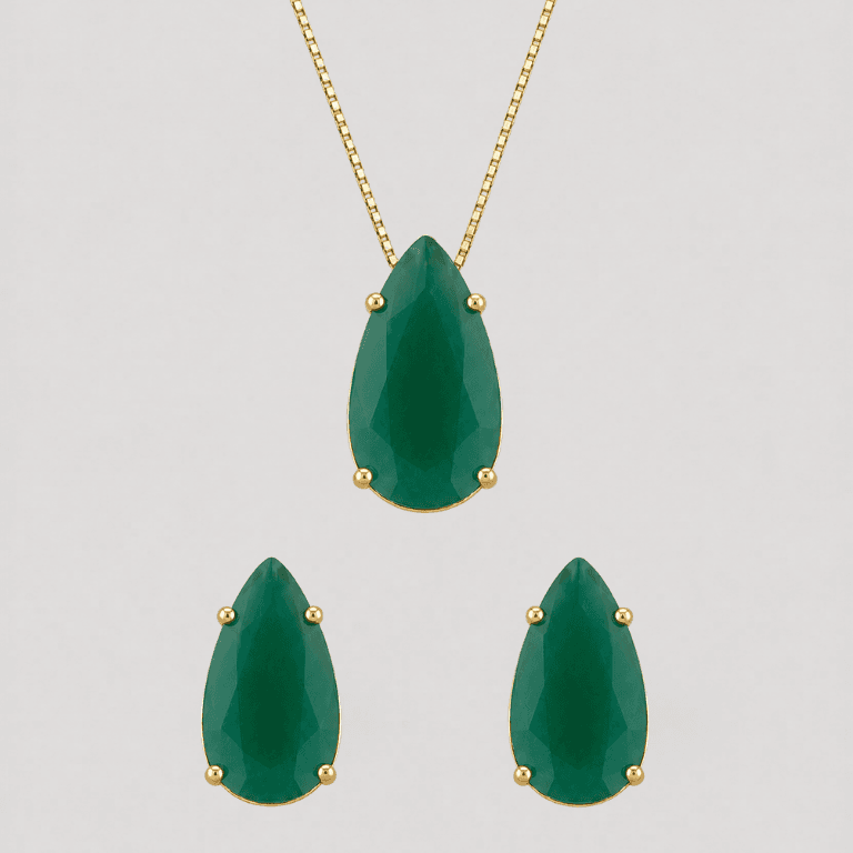 Conjunto Gota Cristal Verde Esmeralda Banhado a Ouro 18K — default