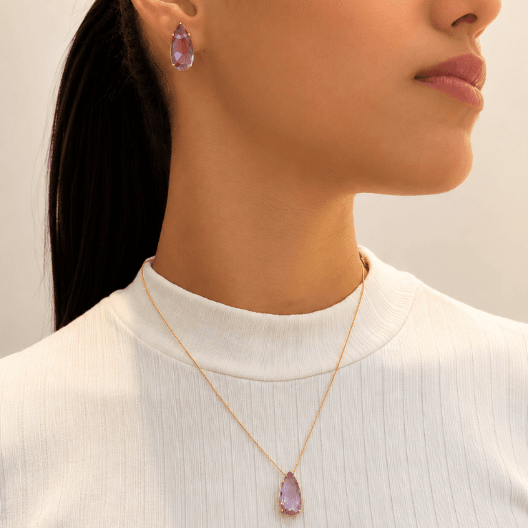 Conjunto Gota Ametista Banhado a Ouro 18K