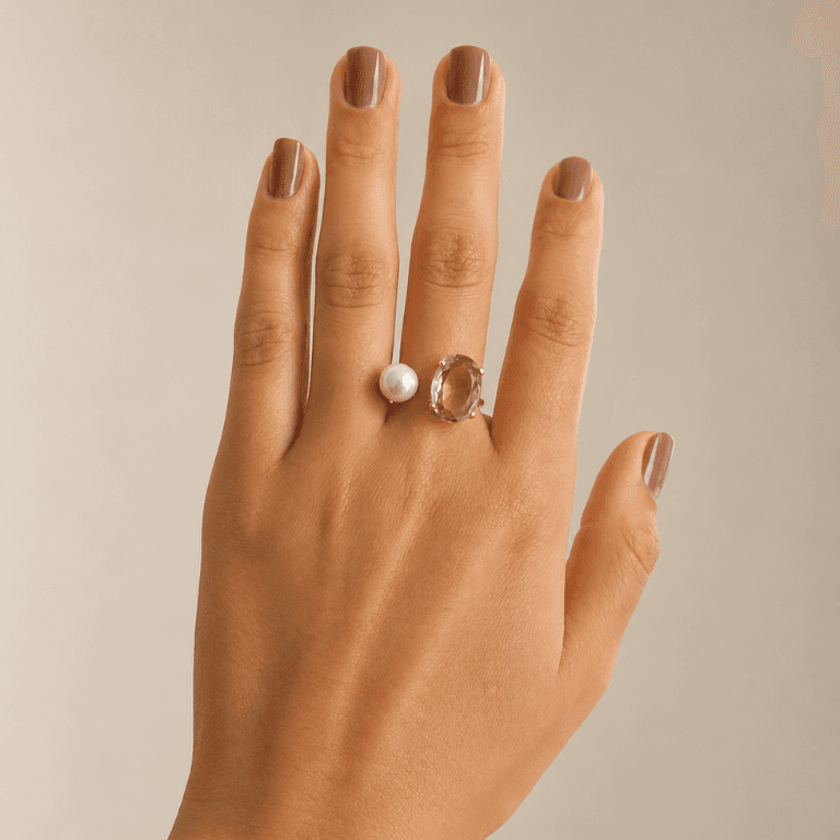 Anel Ajustável com Topázio Azul e Pérola Shell Banhado a Ouro 18K