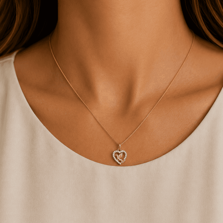 Corrente Com Pingente Coração Cravejado Com Espírito Santo Banhado a Ouro 18k