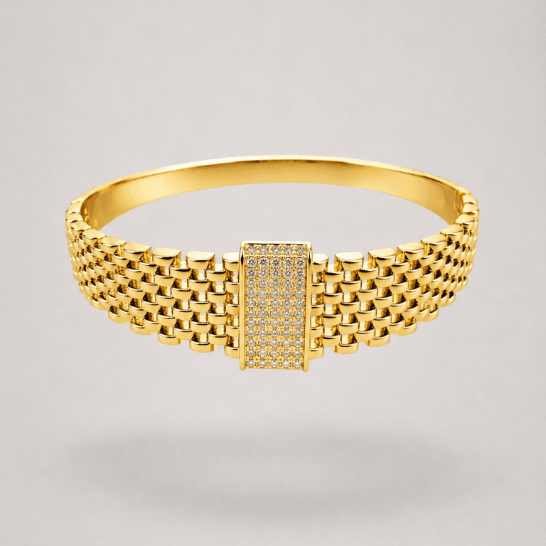 Bracelete Texturizado Cravejado com Zircônias Banhado a Ouro 18K — default