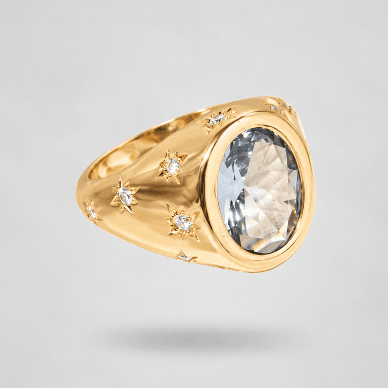 Anel Cristal London Blue com Zircônias Brancas e Estrelas Banhado a Ouro 18K