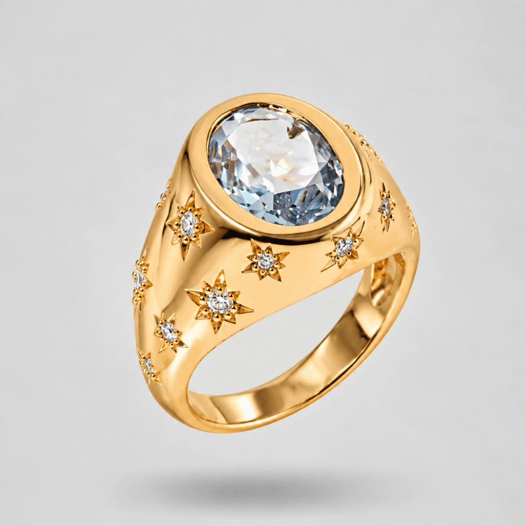 Anel Cristal London Blue com Zircônias Brancas e Estrelas Banhado a Ouro 18K — 20