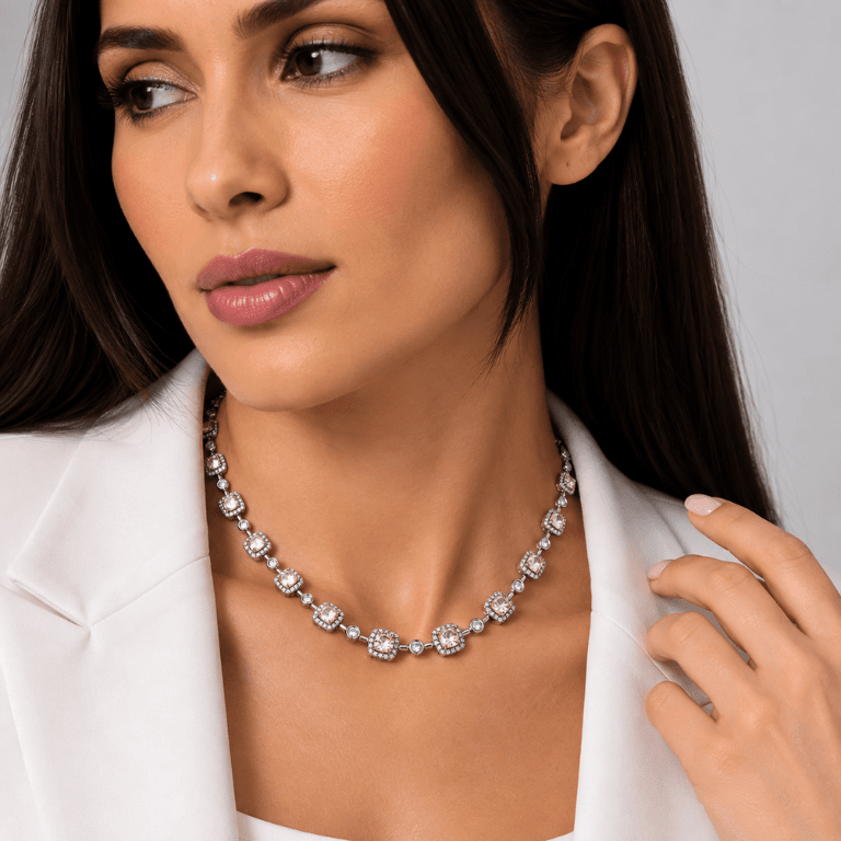 Colar Riviera Citrino e Zircônias Fio Faca Banhado a Ouro Branco