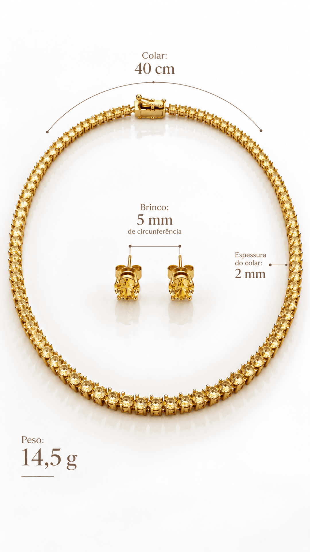 Conjunto Riviera Citrino Três Pontas Banhado a Ouro 18K