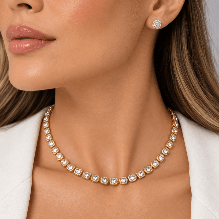 Conjunto Riviera Quadrada com Zircônias Banhado a Ouro 18K