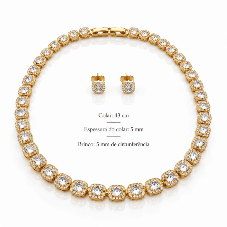 Conjunto Riviera Quadrada com Zircônias Banhado a Ouro 18K