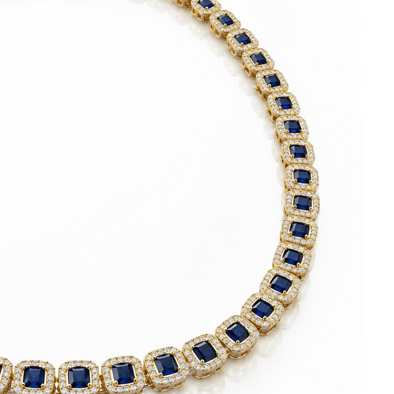 Conjunto Riviera Quadrada com Zircônias Azuis Safira e Brancas Banhado a Ouro 18K