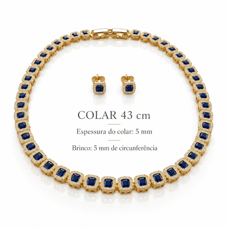 Conjunto Riviera Quadrada com Zircônias Azuis Safira e Brancas Banhado a Ouro 18K