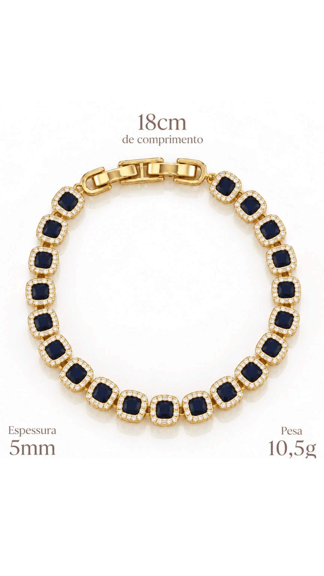Pulseira Riviera Quadrada com Zircônias Azuis Safira e Brancas Banhada a Ouro 18K