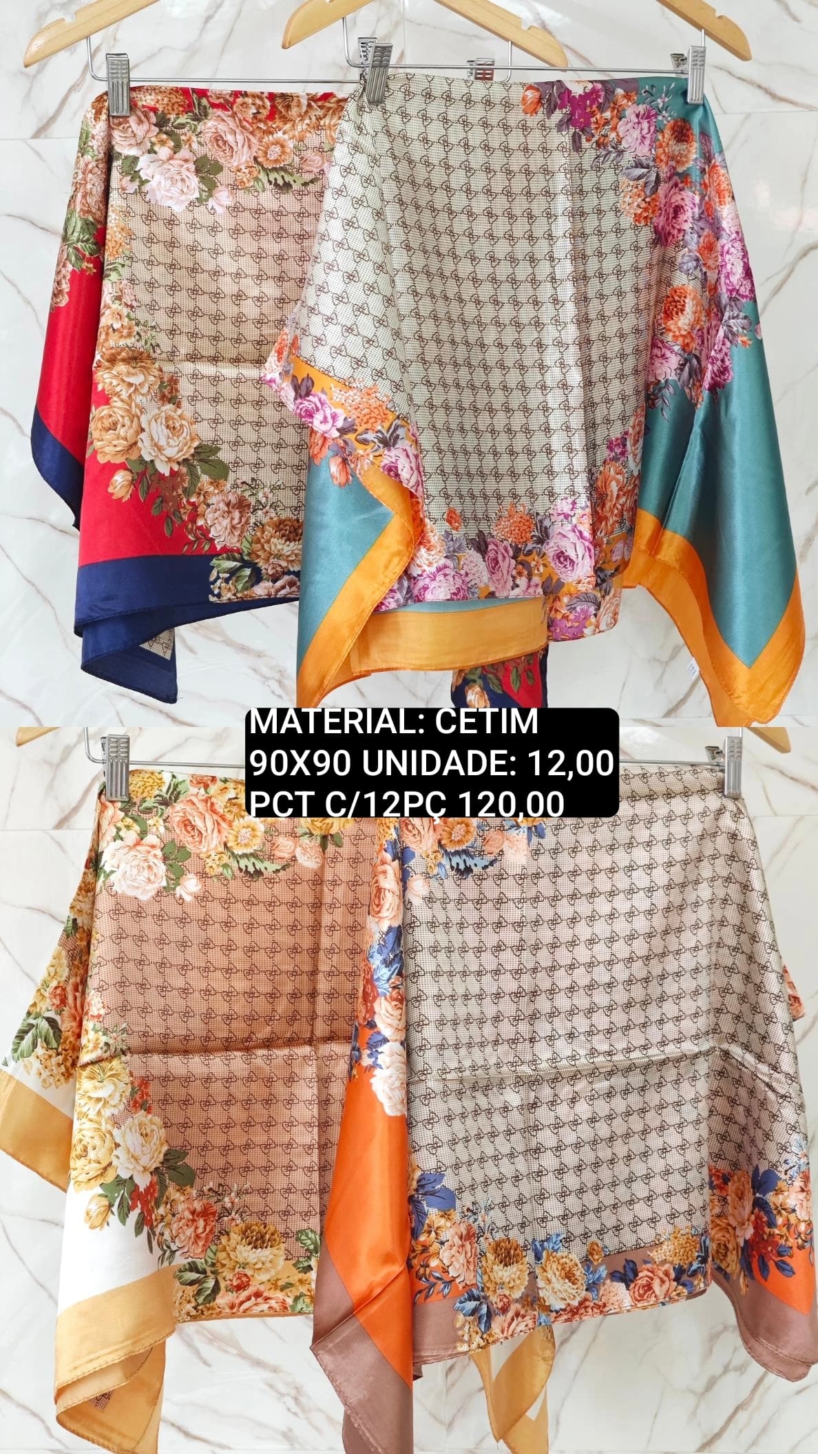 Lenço Cetim Floral Laranja e Rosa