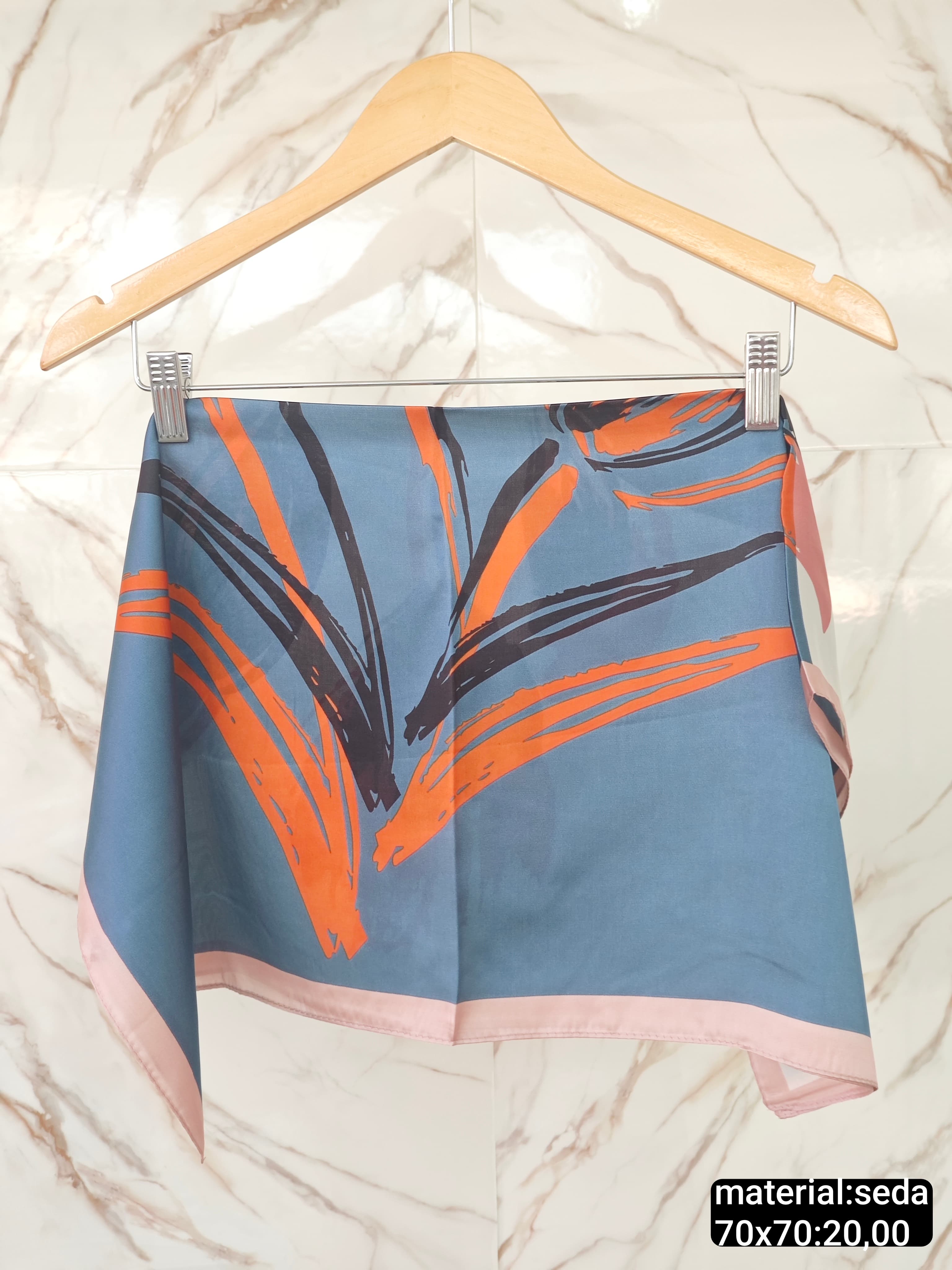 Lenço Cetim Abstrato Folhas Azul e Laranja — AZUL