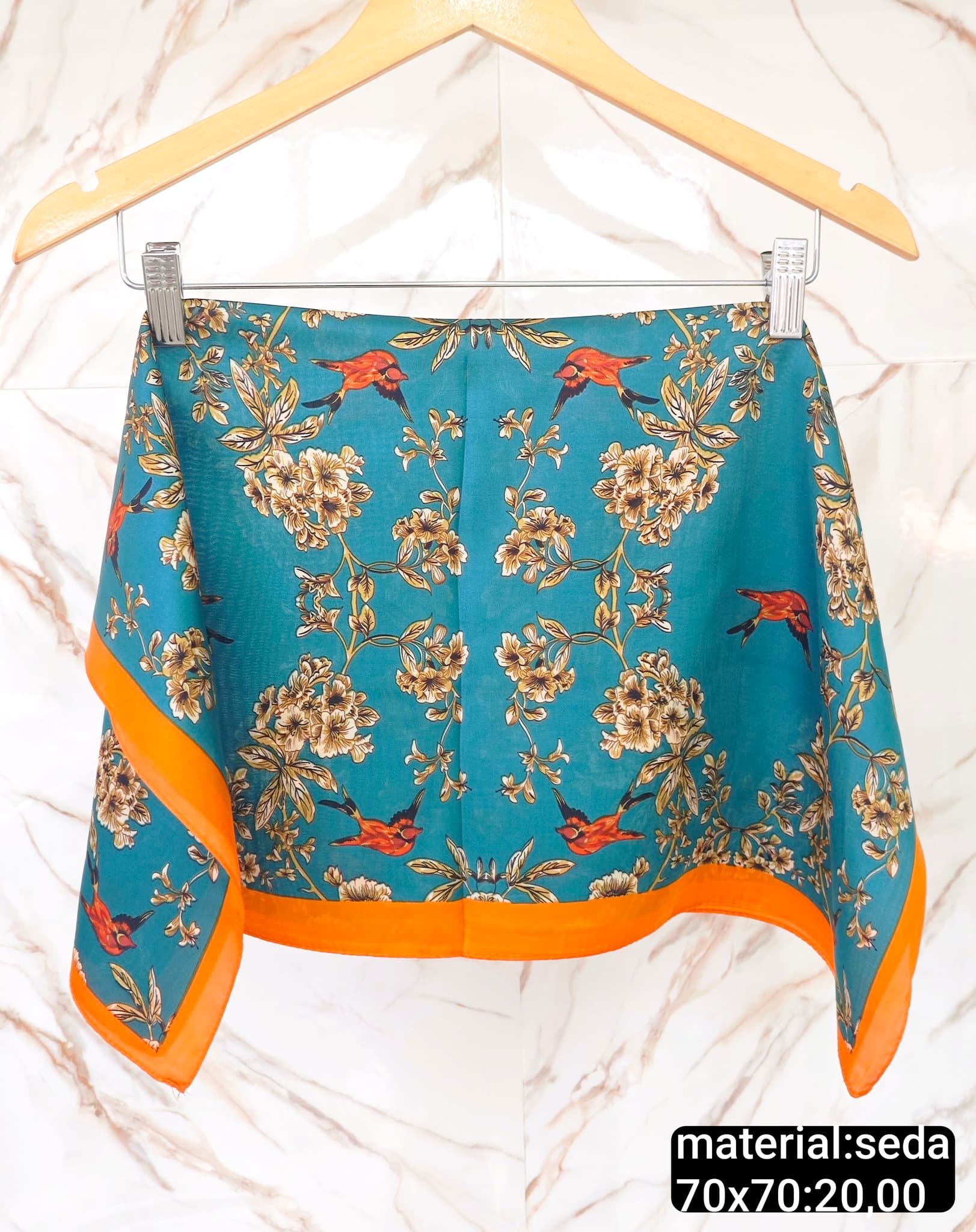 Lenço Cetim Floral Turquesa com Barra Laranja — AZUL TURQUESA