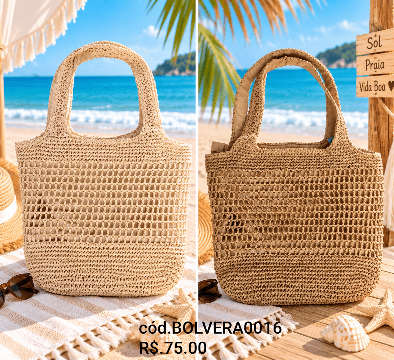 Bolsa Crochê Rede Vazada Alças Arredondadas (BOLVERA0016) — Natural claro
