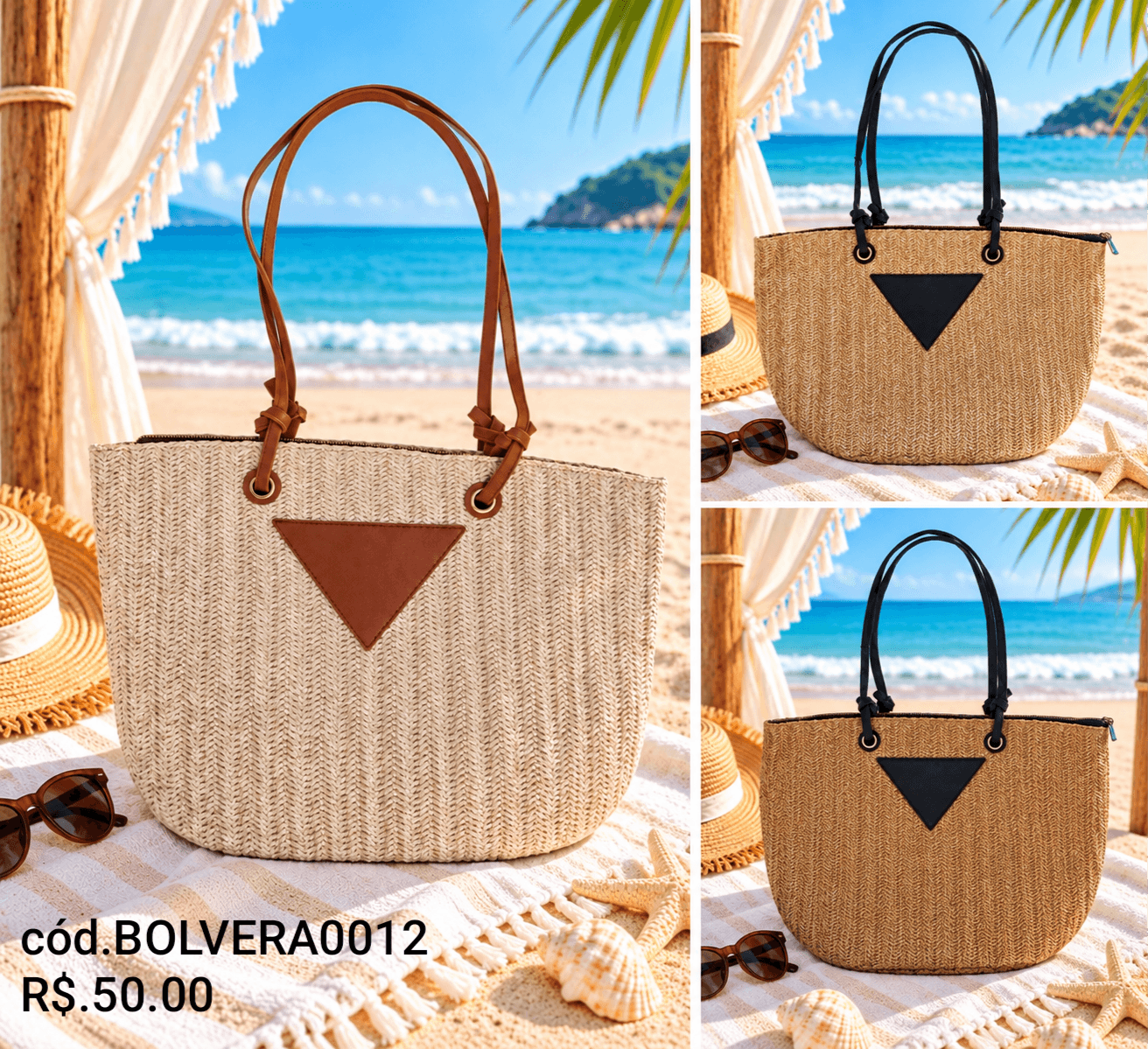 Bolsa Tote Palha Listrada com Triângulo (BOLVERA0012) — Natural com preto