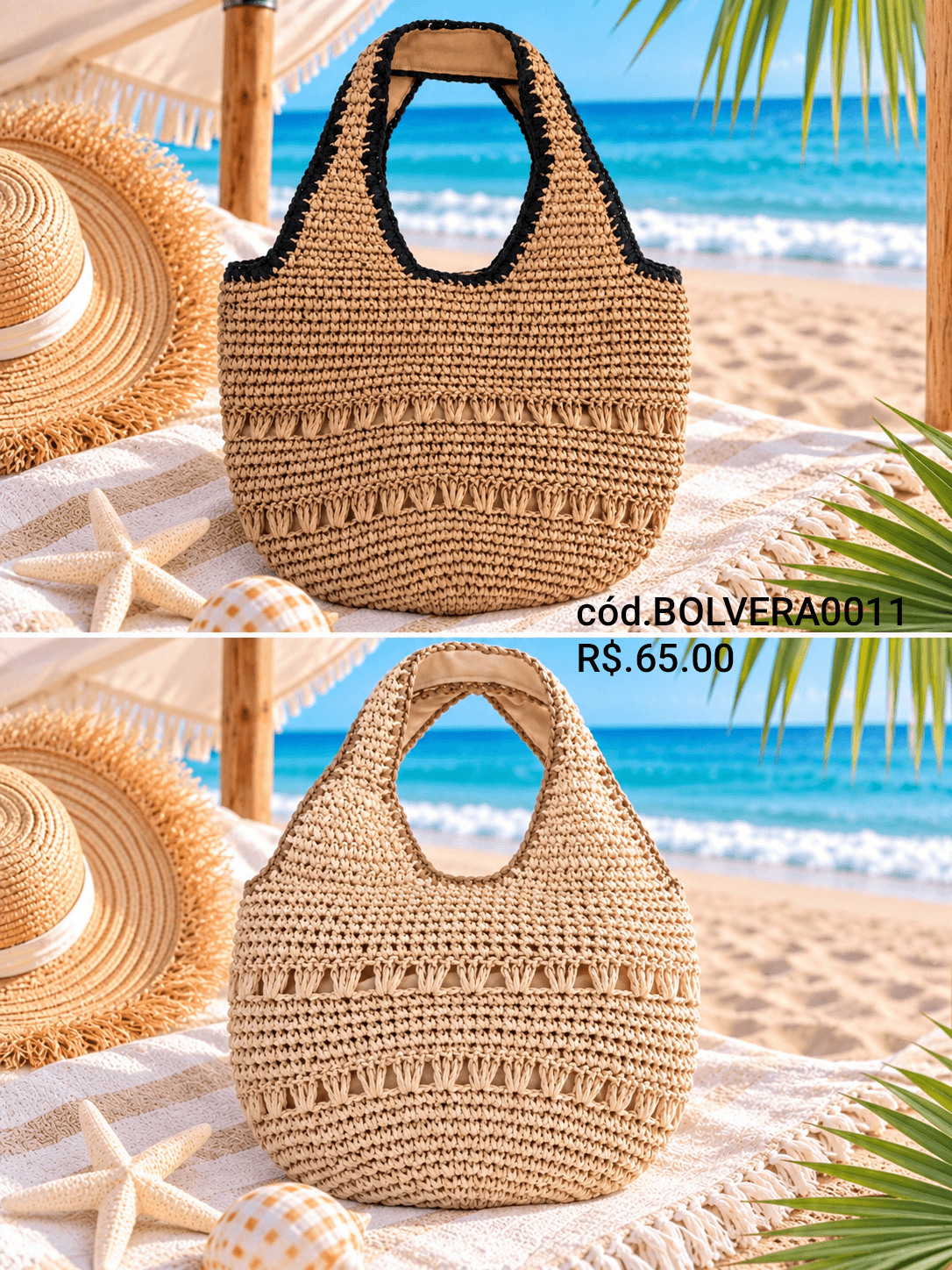 Bolsa Crochê Vazado em Faixas (BOLVERA0011) — Natural claro