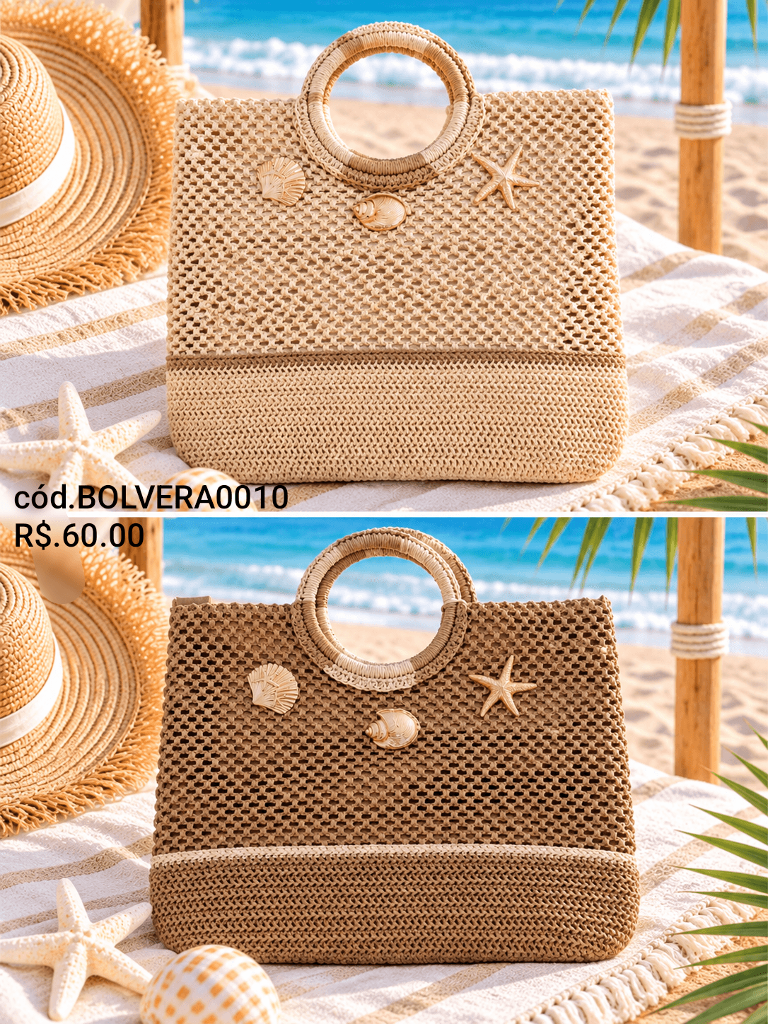 Bolsa Trama Vazada Alça Redonda e Conchinhas (BOLVERA0010) — Natural claro