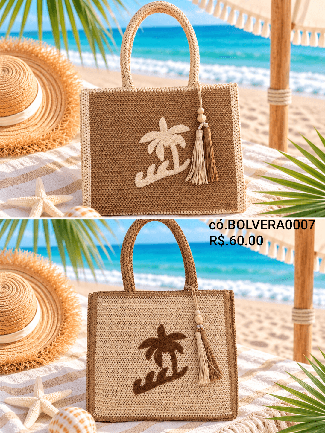 Bolsa Palha Quadrada Coqueiro e Onda (BOLVERA0007) — Marrom
