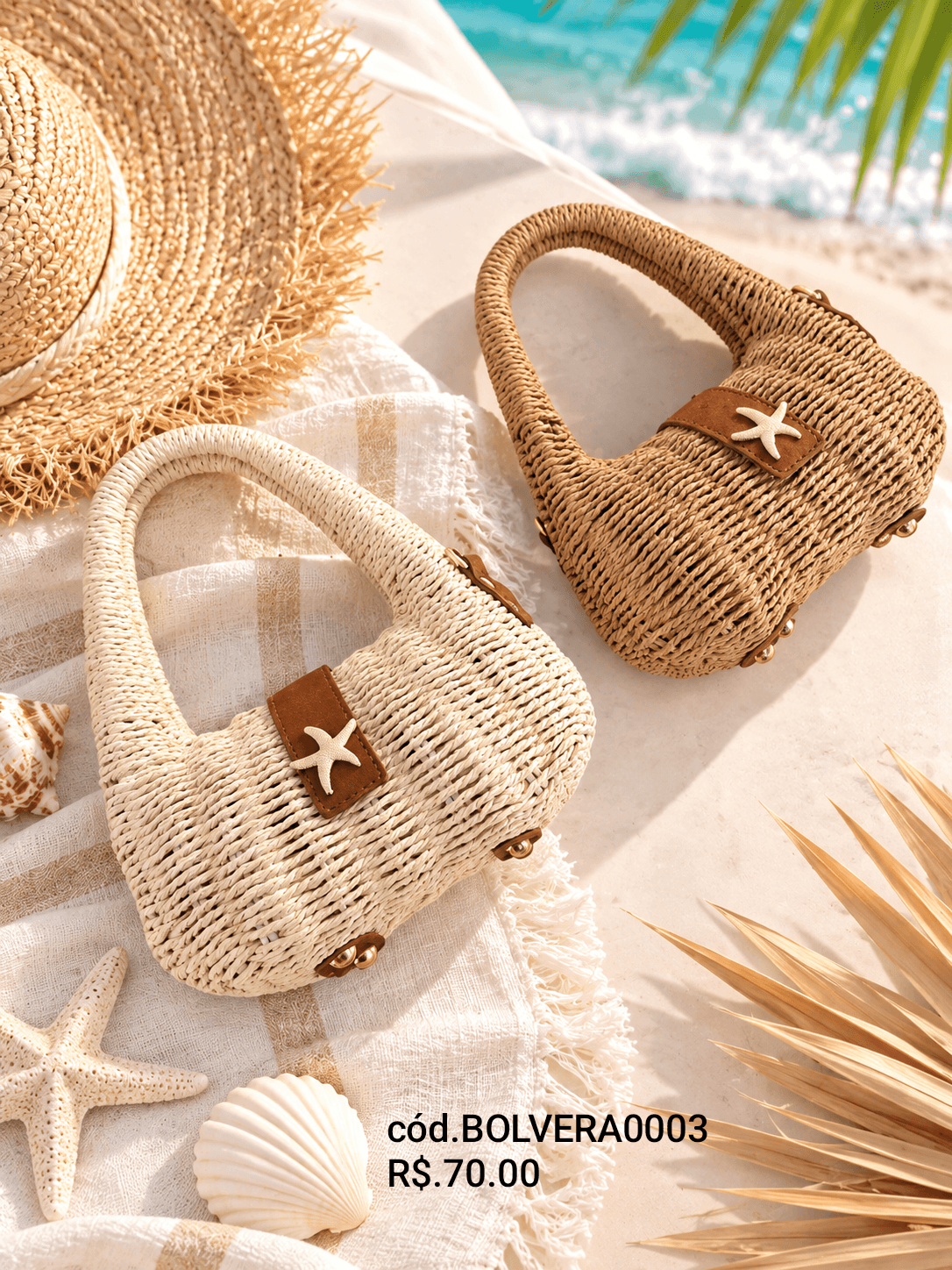 Bolsa Baguete Palha Trançada Estrela-do-Mar (BOLVERA0003) — Natural claro