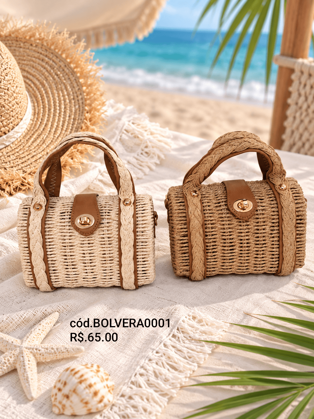 Bolsa Baú Palha Trançada Trava Dourada (BOLVERA0001) — Natural claro
