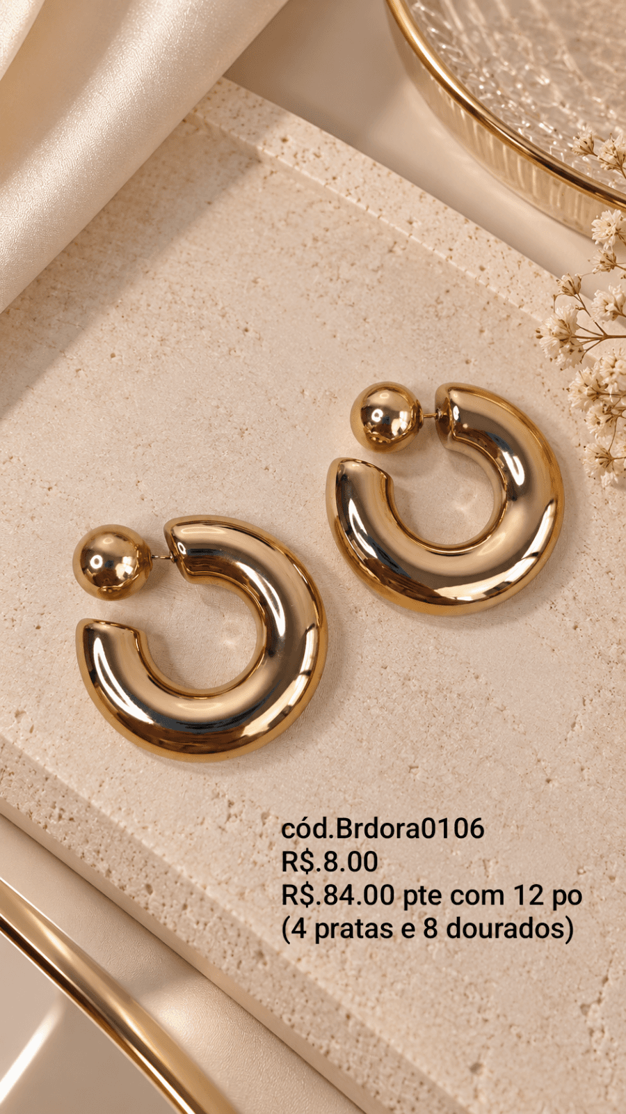 Pacote 12 un Brinco Argola Tubular com Bolinha (Brdora0106) — 4 NA COR PRATA E 8 NA COR DOURADO