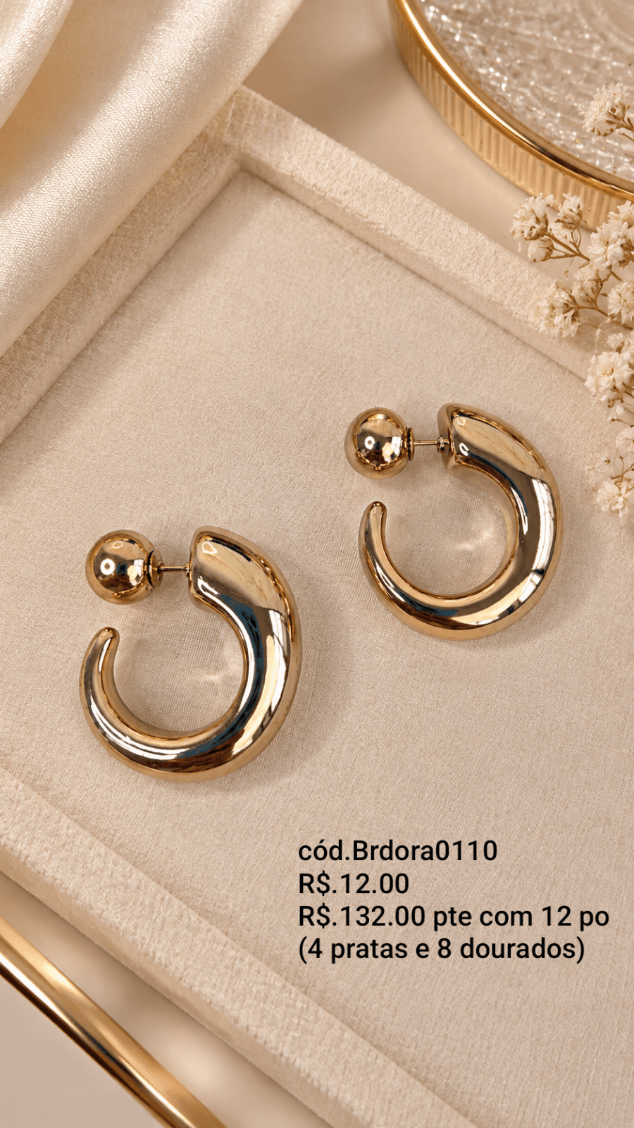 Pacote 12 un Brinco Argola Afinada com Bolinha (Brdora0110) — 4 NA COR PRATA E 8 NA COR DOURADO
