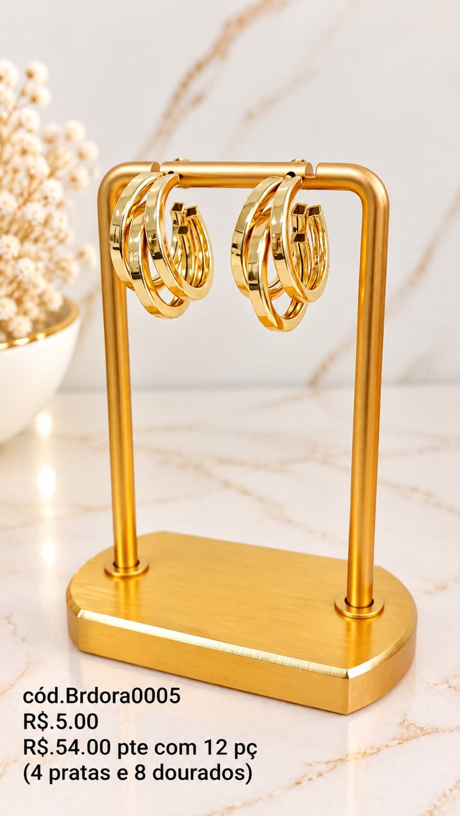 Brinco Argola Tripla Polida (Brdora0005) — Dourado